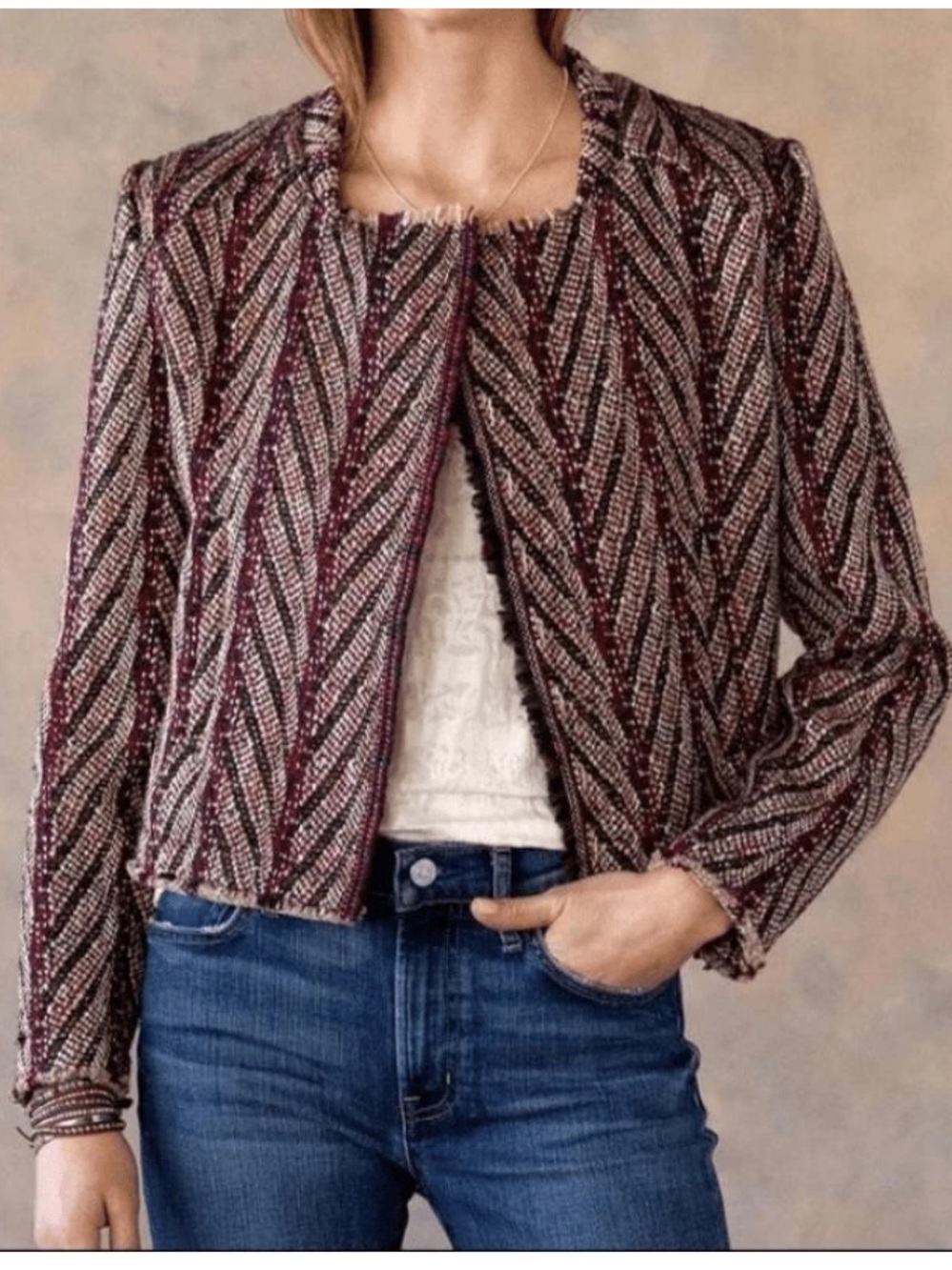 DRIFTWOOD Burgundy & Cream Chevron Tweed Boxy Jacket
